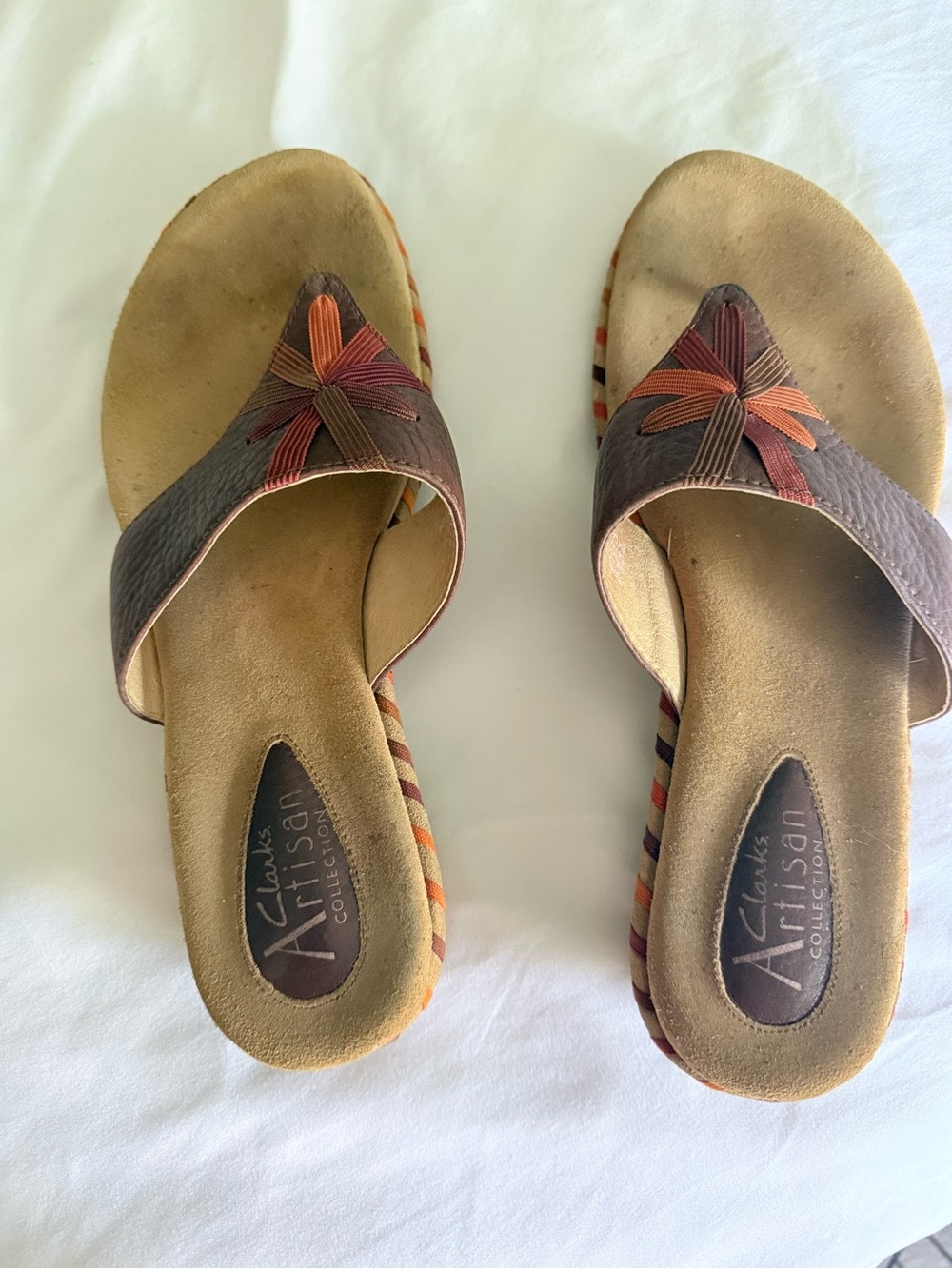 Clarks Brown Leather Slide Sandals with Orange Accent Sz 7
